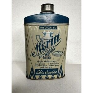 Vintage Tin Meritt Powder Medicated  Skin Comfort 2 Oz Blue Display‎  40’s/50’s